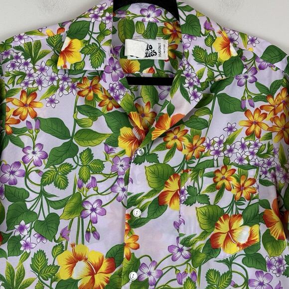 Vtg 70s Hilo Hattie Hawaiian Camp Shirt M Polyester Multi Floral Tropical Beach - Picture 2 of 8